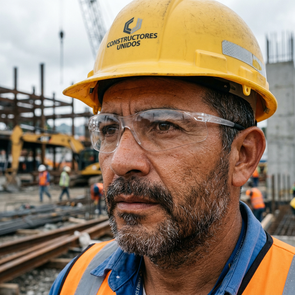 Middle-aged construction worker with yellow hard hat and safety glasses