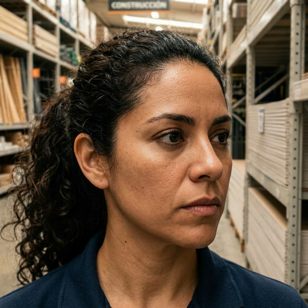 Woman with construction materials in a shopping cart in a hardware store aisle